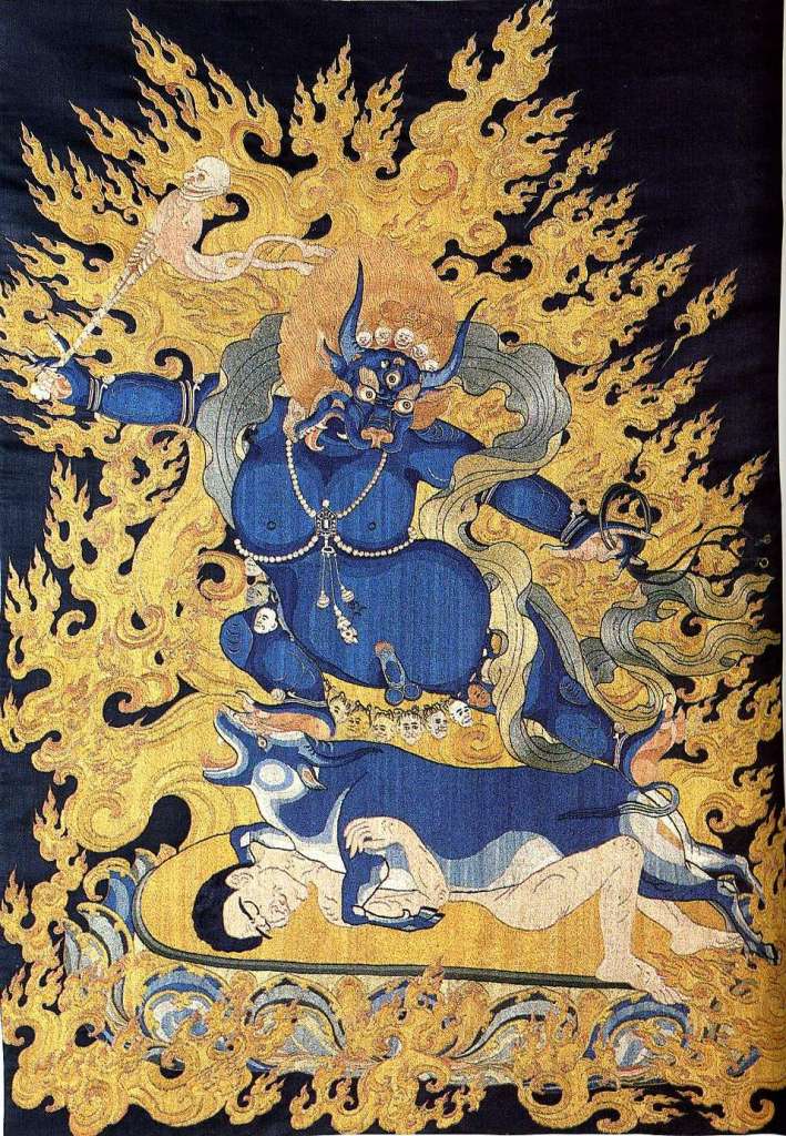 British Museum Top 20 Buddhism 14 Yama Thangka 14. Yama Tangka - Tibet or southern China, 18C AD, 65 x 46 cm. The British Museum has many artifacts that are not on display, like this one. The fierce and bull-headed Yama stands on his buffalo mount, which tramples on a corpse. He is surrounded by flickering flames against a black background. He holds a noose and skull-crested club, with a string of severed heads hanging from his waist. Yama is the Indian god of death, who in Tibetan Buddhism was conquered by Manjushri and made a protector of the Buddhist dharma (teachings). Photo  Marilyn Rhie and Robert Thurman: The Sacred Art Of Tibet.